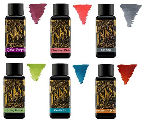 Diamine - 30ml Fountain Pen Ink - Colour Wheel - 6 Pack - Tyrian Purple, Flamingo Pink, Earl Grey, Spring Green, Eau de Nil, Ancient Copper