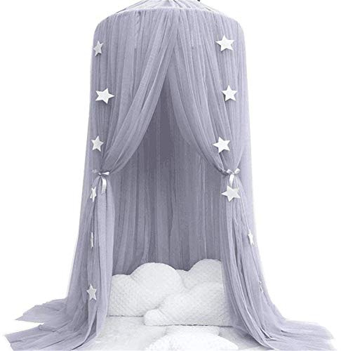 Koomiao Ciel de Lit Fille Princesse, Enfants lit Baldaquin avec Etoile Décoration de Chambre D'enfant en Forme de Dôme Moustiquaire en Maille Respirante pour Bébé (Gris)