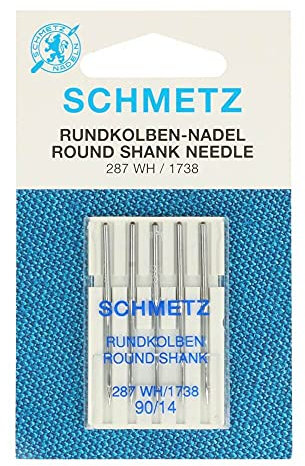SCHMETZ | 5 agujas para máquina de coser | Pistón redondo | 287 WH/1738 | Grosor de la aguja 90/14 | Nota: Compruebe el sistema de agujas recomendado en el manual de instrucciones