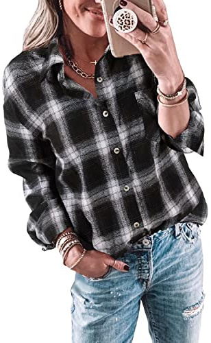 Wenrine Womens Long Sleeve Button Down Shirt Casual Plaid Flannel Shirt Collared Blouse Tops White and Black