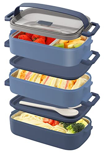 OITUGG Fiambrera 3 Capas - Bento Box 2200ml - Lunch Box con 3 piezas Acero inoxidable Interior - Lonchera con Cubiertos - Fiambrera Hermetica, Sin BPA, Apto para microondas, Azul