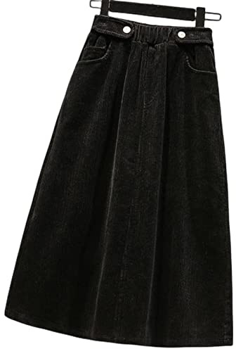 BUJNIE Jupe midi grande taille pour femme - En velours côtelé - Jupe longue pour femme - Automne et hiver - Taille haute, Noir , XL