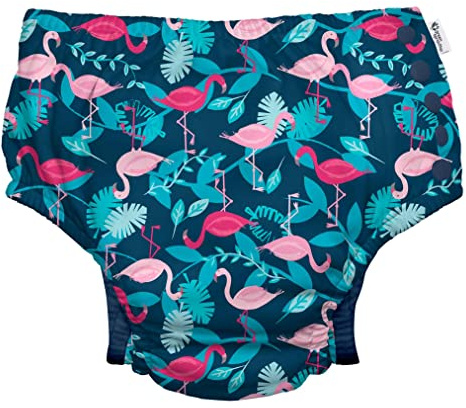 i play. by green sprouts Reusable, Eco Snap Swim Diaper with Gussets, UPF 50, Patented Design, STANDARD 100 by OEKO-TEX Certified - Navy Flamingos - 18 mo