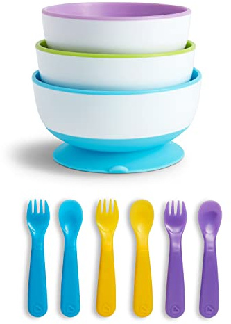 Munchkin Stay Put Suction Bowls with Suction Cup, Pack of 3, Blue/Green/Purple + Munchkin Colour Change Toddler Cutlery, Baby Essentials, Pack of 6