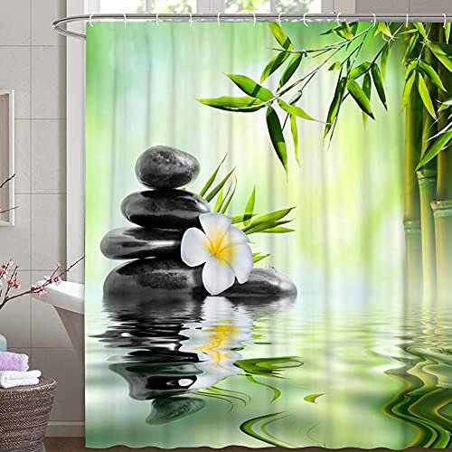 M&W DAS DESIGN Duschvorhang Bambus auf Wasser leichten Nebel reflektiert Textil Vorhang grün exotisch Stein Relax Schimmelresistent Bambusblatt Spa Ruhe inkl. 16 C-Ringe Gewicht unten