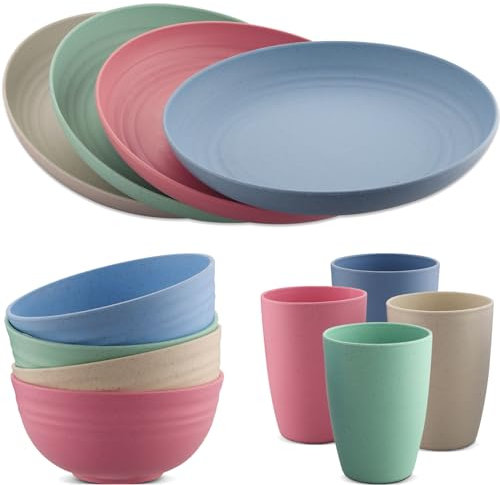 HOMGEN Plastic Dinner Set 12Pcs Unbreakable Light-Weight Kids Dinning Set Picnic Plates and Cups Set Dishwasher Safe Camping Plates and Bowls Set Camping Crockery Set for Home & Picnic etc