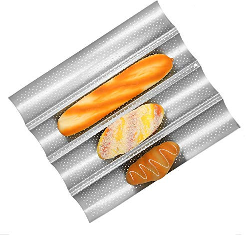French Bread Pan Thickened Perforated Multi Slot Baguette Baking Pan Non Stick MultiGrooves Waves French Bread Pan Cooking Tray Mould Kitchen Tool (Four Slots)