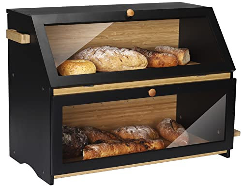 Leader Accessories Double Decker Bamboo Bread Bin 2-Layer Bread Box Large Capacity Bread Storage for Kitchen 19.7x9.8x14.5 Black