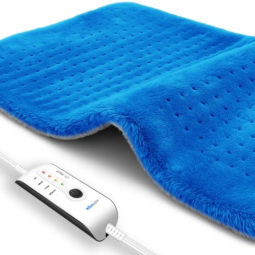 Boncare® Large Heating Pad for Back Pain Relief and Cramps with Auto Shut Off & 4 Temperature Settings, Fast Heat up Instant Comfort and Ultra Soft Velvet Plush Machine Washable (Blue, 11x20)