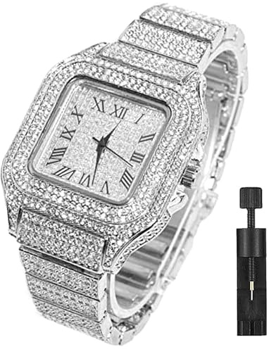 Apzzic Diamond Watch Iced Out CZ Fashion Delicate Cuban Link Watch Square Dial Quartz Wristband Analog Wrist Watch for Men Women Silver Color, AZWT02-SNA