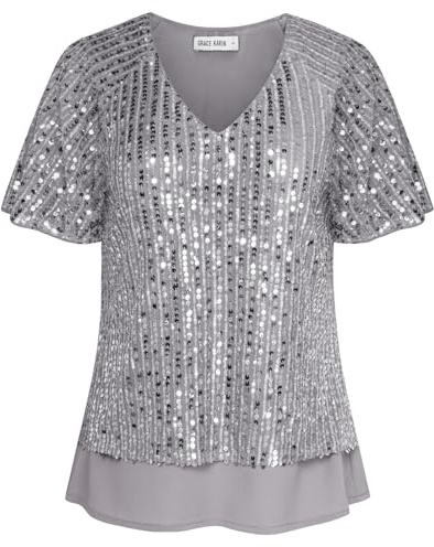 GRACE KARIN Womens Short Sleeve Sequin Tops for Evening Party Elegant Loose Fit Flattering Glitter Blouses Shirts Silver Gray L