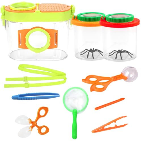 Elepl 3 Stück Lupenglas Becherlupen für Kinder Set Mit Insektenglas und Pinzette & Insektenfänger Scherenzange für Kinder Outdoor Wissenschaft Natur Erkundung Becherlupe (Gelb/Orange)