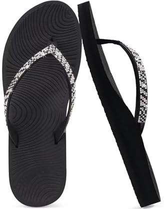 KuaiLu Women's Rhinestone Flip Flops Arch Support Yoga Mat Cushion Sandals | Comfort Fashion Summer Beach Travel Orthotic Walking Thong Sandles Slip on Plantar Fasciitis Indoor Outdoor Shoes Size 3-9