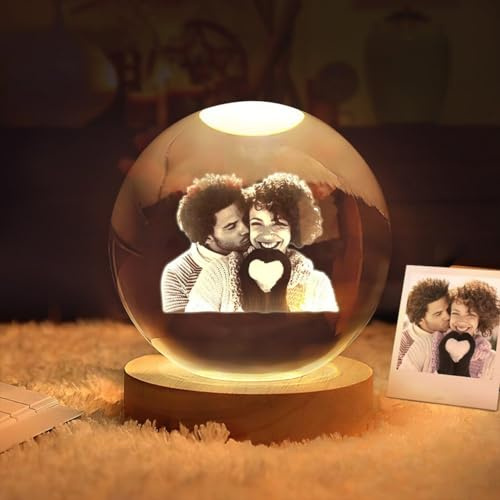 WeiyoUDP Bola de cristal personalizada LED, luz 2D, dormitorio, oficina, regalo, boda, pareja, padres, fotos de mascotas, recuerdo (8 cm)