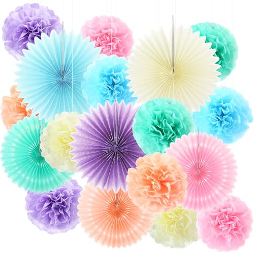 Kosiz 18 Pcs Pastel Rainbow Party Decorations Pastel Paper Fans 3D Floral Tissue Pom Poms Pink Hanging Paper Flowers Garland Classroom Home Wall Decor Birthday Baby Shower Bridal Wedding Supplies