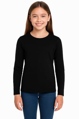 Girls Long Sleeve T Shirt Plain Crew - Long Sleeves Shirt Black 13