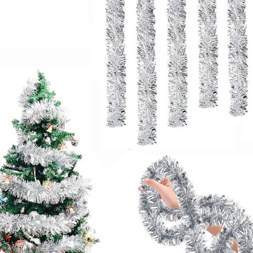 Guirlande De Noel Sapin, 5PCS Guirlandes Tinsel 2m, Guirlande Argentée Noel, Décoration De Noël Guirlandes Métallique Scintillantes pour Mariage Anniversaire Fête Murs Fenêtres Sapin Decoration Noël