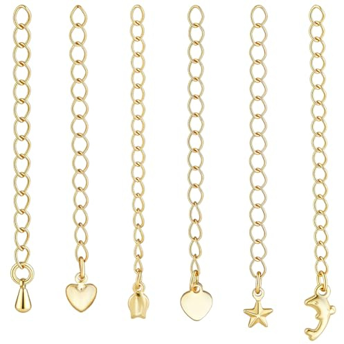 PH PandaHall 30PCS Chaînes D'Extension Plaquées Or 18K, 6 Styles Fin Queue Chaîne Extension Cœur Étoile Goutte Collier Extenseur Bracelet Fin Gourmette Extenseurs pour Bijoux Cheville 5.5-6.4cm