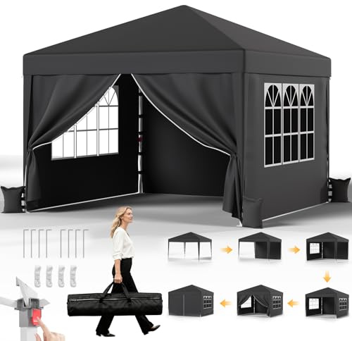 JUMMICO Pop Up Gazebo 3x3m with Sides, Heavy Duty Waterproof Tent, 4 Removable Sidewalls, UV50+ Sun Shelter, 3-Way Adjustable Height, Folding Pavilion for Garden, Party, Camping - Grey