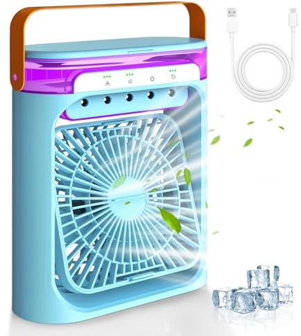 Climatizzatore portatile con raffreddamento ad acqua, 4 in 1, umidificatore, purificatore d'aria e ventilatore, 3 velocità, mini refrigeratore d'aria portatile per casa, ufficio, viaggi, blu