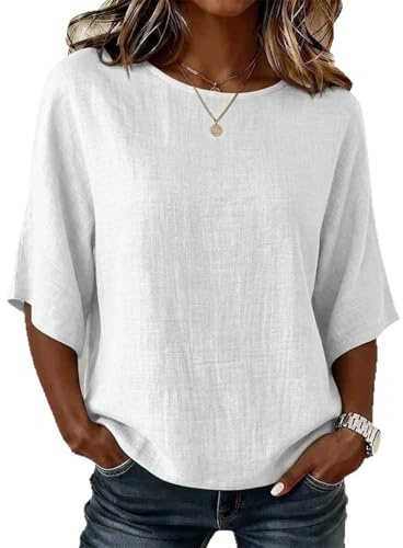 T-Shirt Femme Manche 3/4 Haut Chic Élégant Tunique Ample Fluide Couleur Unie Blouse Décontractée Coupe Droite en Maille Légère pour Look Quotidien Casual