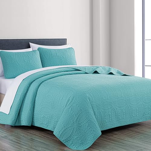 Chezmoi Collection Austin 3-piece Oversized Bedspread Coverlet Set (Queen, Turquoise), Microfiber