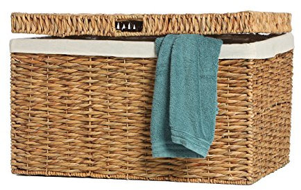 Casa Mina® Wäschetruhe Mit Deckel 60 x 36 x 40cm Hoch I Atmungsaktive Geflochten Aus 100% Naturfaser I Robuster Wäschesammler Mit Griffen & Waschbarem Innensack I Bali