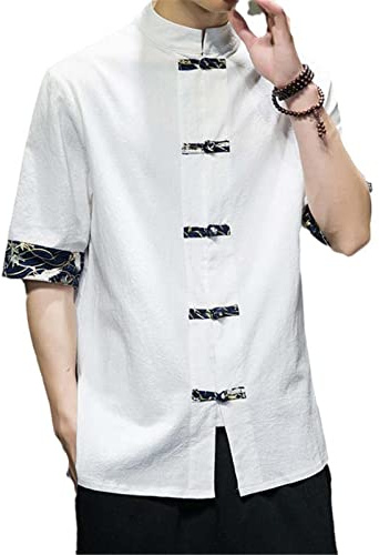 Aoleaky Camicia Kimono Casual retrò Giapponese Camicia Uomo Stampa Cinese in Cotone e Lino con Cuciture a Maniche Corte Streetwear da Uomo Estivo White S