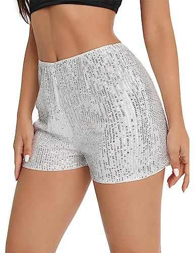 Hotpants Donna Sexy Glitter Shorts, Pantaloncini corti da donna estivi con paillette, pantaloni corti da donna, pantaloni corti da donna, pantaloncini estivi, pantaloncini da notte, bianco, s