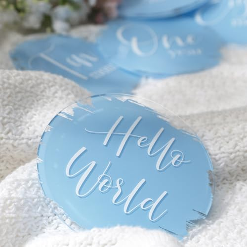 UNIQOOO 13Pcs Blue Baby Monthly Milestone Marker Discs Handmade-style Printed|Acrylic Milestone Cards for Baby Announcement | Gender-Neutral Gift for Newborn Boy and Girl, Baby First Year Photo Props