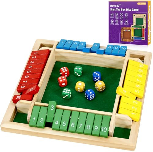 Havnidy Shut The Box Game 4 Player Wooden Table Games,Classic Dice Games,Travel Game,Wooden Math Traditional Pub Board Dice Game, Great Family Board Games Holiday Fun Game