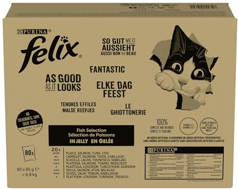 Felix | Tendres Effilés | en Gelée | Alimentation complète | Chat Adulte | au Thon, au Saumon, au Boeuf et au Poulet | Sachets Fraîcheurs | 80x85g