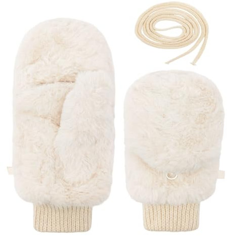 UILYNIU Damen Fäustlinge, Halbfingerhandschuhe mit Kappe, Warm Winterhandschuhe, Kunstpelz, Thermohandschuhe, Fingerlose Handschuhe, Winter Handschuhe Damen (Weiß)