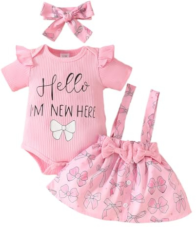 LUVCES Neonata Gonne Set Maniche Corte con Volant Pagliaccetto Top + Tuta Stampata Abito con Bretelle +Fascia per Capelli Set di Abiti Estivi Completo Rosa hello 0-3 Mesi
