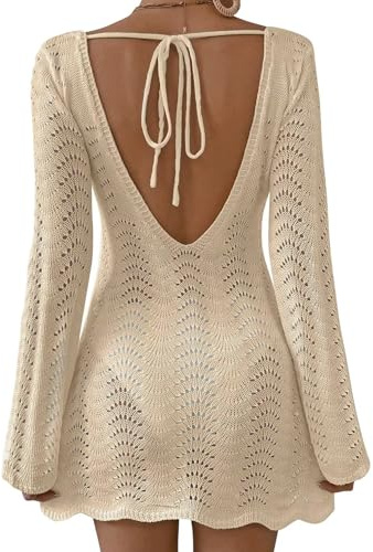 Falechay Cover Ups For Swimwear Women Beach Vacation Clothes For Women Swimsuit Bathing Suit Coverup Bikini Beach Mesh Bell Sleeve Going Out Coverups Babydoll Loose Fit Vacation Dresses 2026 Apricot S
