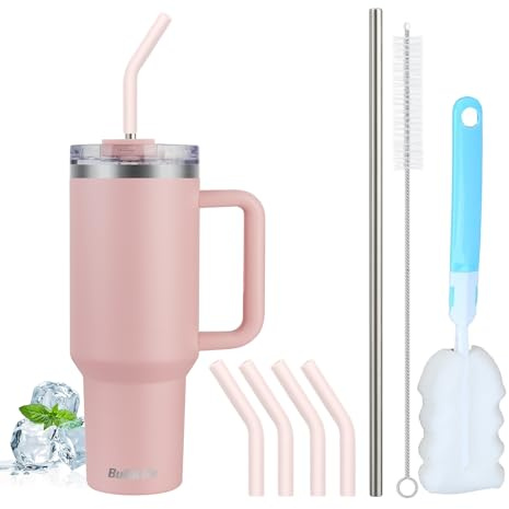 BuildLife 40oz Thermobecher to Go,Thermobecher mit Strohhalm und Griff,Doppelwandiger Isolierter Edelstahl Auslaufsicher Trinkbecher,BPA Frei,Spülmaschinenfest (Rosa, 1200 Milliliter)