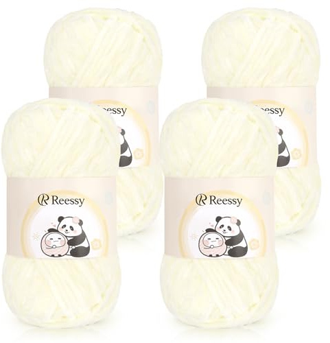 Reessy Chenille Yarn 400g(4×100g), Super Soft Chunky Wool for Crochet-Cream | Thick Velvet Chenille Wool for Knitting 100g balls, Chunky Crochet Yarn for Crochet Blanket, Amigurumi, Handbag, DIY Crafts