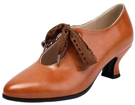 Zapatos tiroleses para mujer, zapatos de piel con punta calada y cordones, zapatos de tacón alto, zapatos festivos para traje regional, zapatos de tacón con tacón, zapatos anchos, marrón, 39 EU