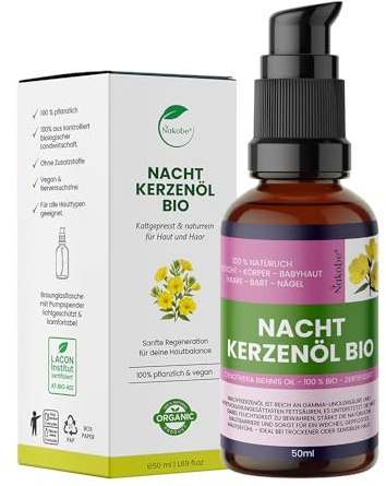 Nakobe Huile d'onagre bio 50 ml - Pressée à froid - 100 % pure - Oenothera Biennis - Soin naturel de la peau et régulation de la sécheresse - Végétalien et naturel
