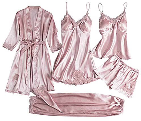 Conjunto de Pijamas para Mujer de Seda Satén con Encaje 5 Piezas Bata Camisón Top Pantalones Largos y Cortos Suave Fluida Elegante y Sedosa