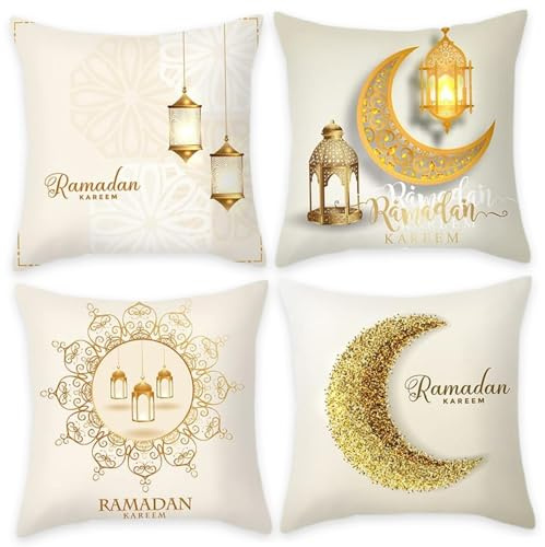SMELEYOU Ramadan kuddfodral 4 st ramadan kuddfodral 4 x 45 cm måne tryck prydnadskudde överdrag set dubbelsidiga överdrag islamisk muslimsk dekor för soffa soffa stil 1