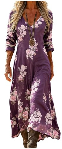 Udbeksid Vestito Lungo Donna Estivo Boho V Maniche Lunghe Abito Elegante Vintage Stampa Casual Vestiti Maxi Spiaggia Linea ad A Comodo Primavera con Tasche per Spiaggia Mare Vacanza 2026