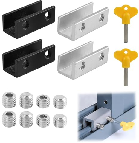 Juego 4 Piezas Cerraduras Ventana Ajustables Acero – Seguridad para Ventanas Correderas – 2 Tipos Llaves – Antirrobo sin Taladrar – Protección Niños – Negro/Plata