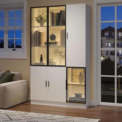 KOMHTOM Armoire Vitrine LED, Meuble de Rangement 120x35x200 cm, Cadre en Aluminium, Portes en Verre Trempé, 10 Compartiments, Bibliothèque Blanche, pour Salon(120x35x200cm)