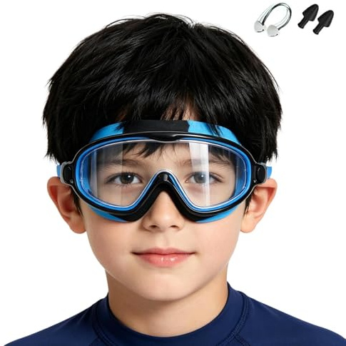 Lunettes de natation anti-buée, vue large lunettes imperméables clip nez bouchons d'oreilles pour garçons,lunettes de piscine enfants | garçons filles piscine mer entraînement de plongée sport