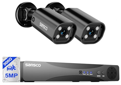 SANSCO 2-Way Audio, 3K Color Night Vision, 4CH CCTV Camera System 500GB HDD | 2 x 5MP Wired Outdoor Home Security Camera, 24/7 Surveillance, Face Human Vehicle Detect, No Monthly Fee, Support Up to 4-Cam