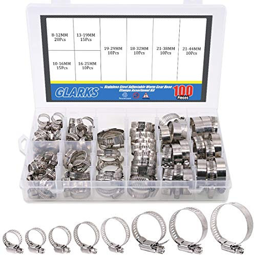 Glarks 100 pezzi regolabili 8-44 mm gamma 304 in acciaio inox vite senza fine kit assortimento di morsetti per tubo dell'acqua, idraulici, applicazioni automobilistiche e meccaniche