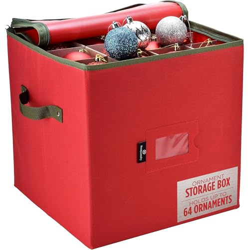 Handy Laundry Christmas Ornament Storage - Stores upto 64 Holiday Ornaments, Adjustable Dividers, Zippered Top, Two Handles. Storage Box Keeps Holiday Decorations Clean and Dry for Next Season. (Red)