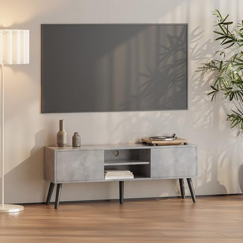 [en.casa] Mobile Porta TV a 2 Ante e Ripiani Aperti Supporto Televisore con Scomparti Chiusi Tavolo Basso Contenitore per Soggiorno Studio Corridoio 120x30x47 cm - Effetto Cemento