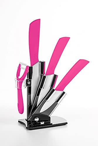 Hometric Ceramic Knife Sets with Block, 4 Piece Pink Kitchen Knives Set with Ergonomic Handle, Rust Resistant and Light Weight Knife Block Set with Knives and Vegetable Peeler (Pink)
